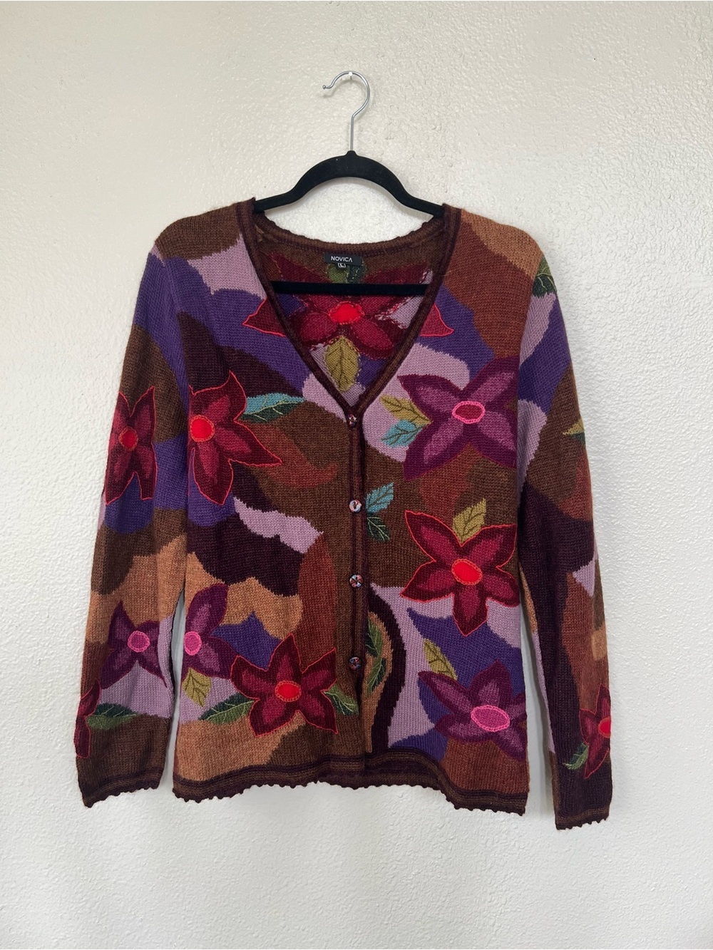Novica Alpaca Floral Motif Cardigan Sweater size Large